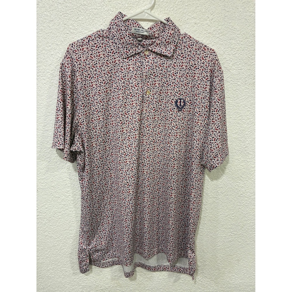 Peter Millar Summer Comfort Mens Medium Polo Shirt Red White Blue Novelty Print